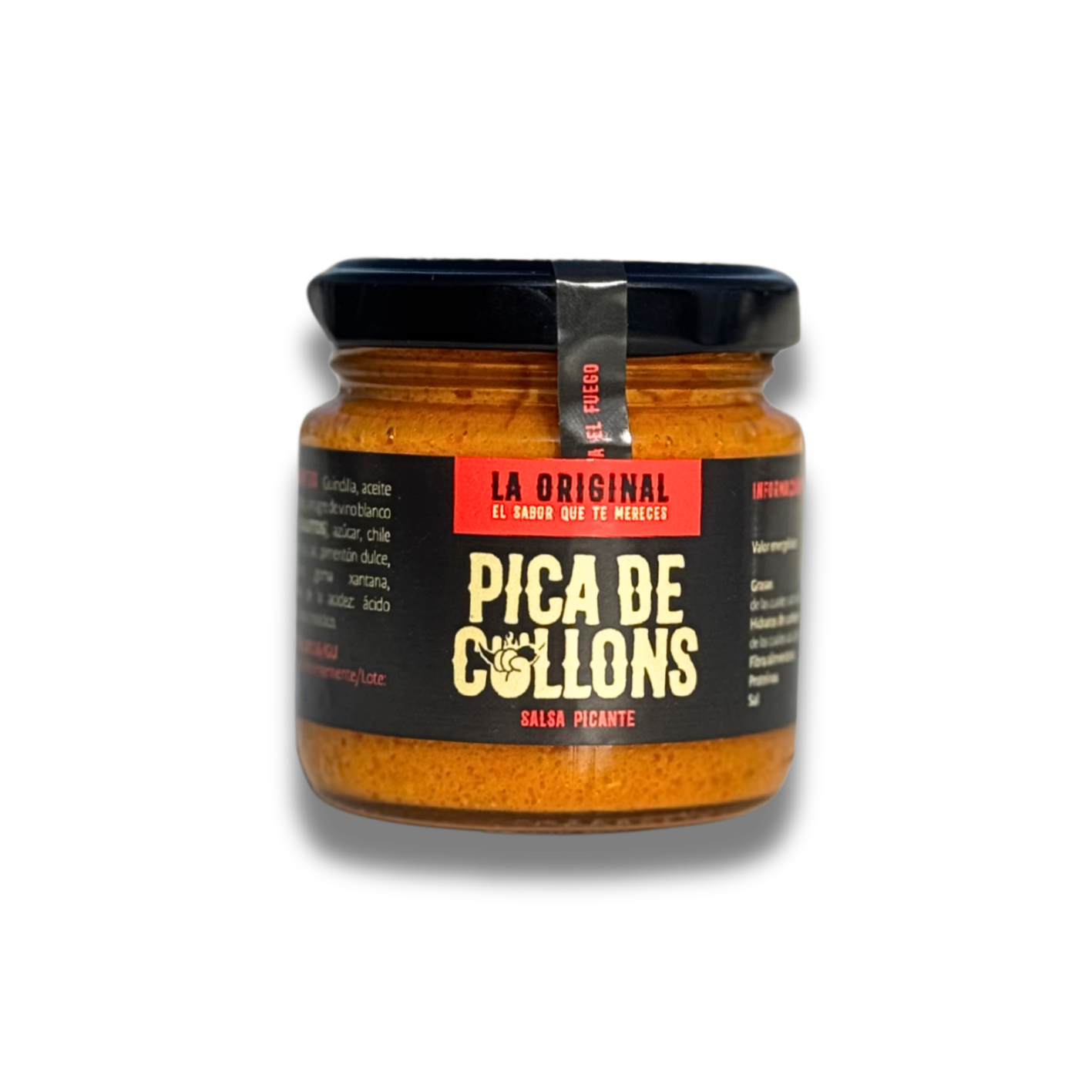 Salsa picante La Original, Pica de Collons, botella sobre fondo blanco.
