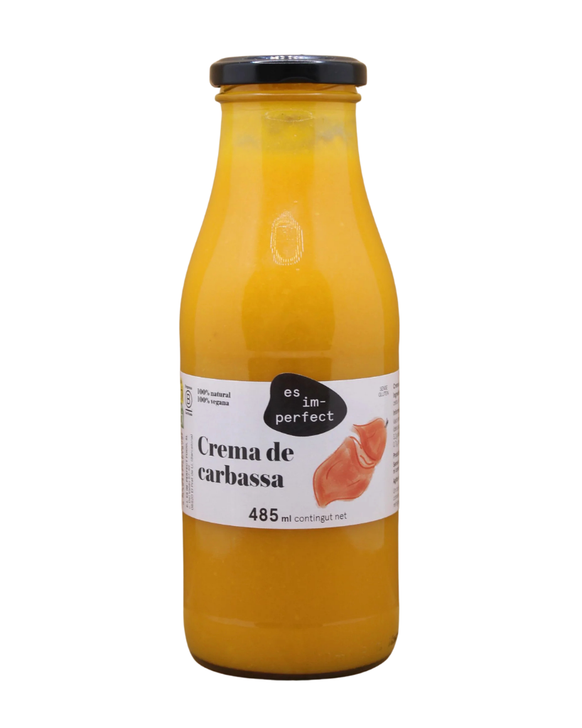 Crema de calabaza y patata de la marca im-perfect, en un tazón con textura cremosa y color naranja vibrante.