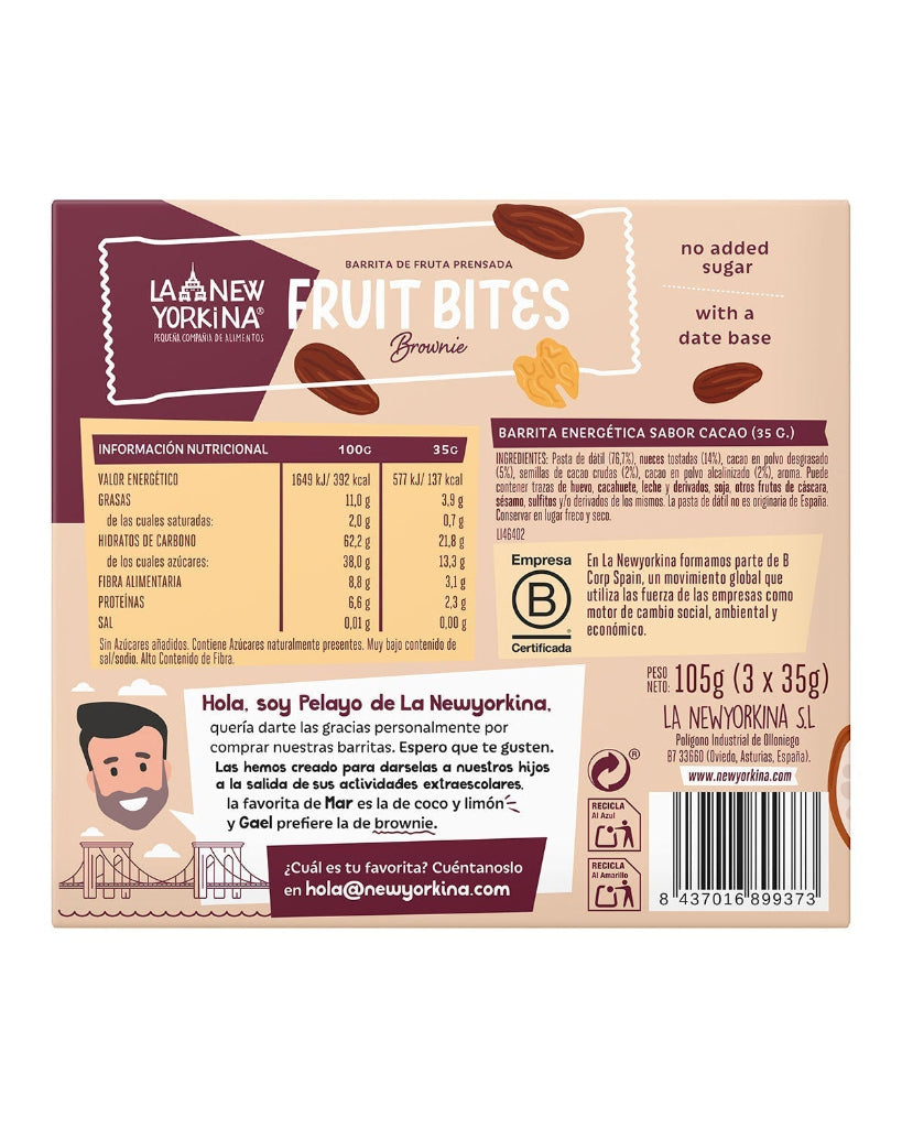 Ingredientes de Fruit Bites Brownie: pasta de dátil, nueces tostadas y cacao, sin azúcar añadido