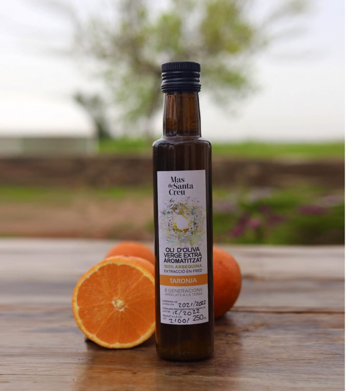 Aceite de oliva arbequina virgen extra aromatizado con naranja, Mas de Santa Creu.