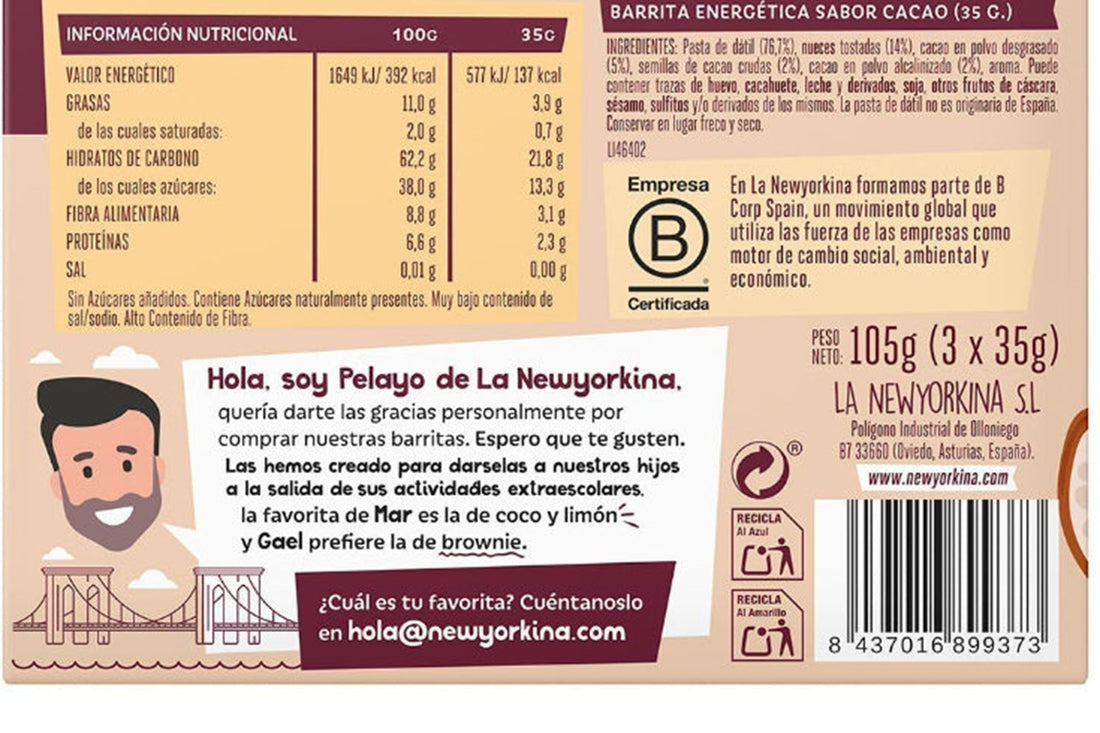 Etiqueta de un alimento con la tabla de información nutricional y la lista de ingredientes