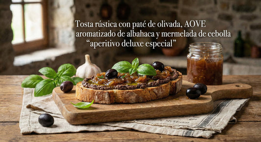 Tosta rústica con paté de olivada, AOVE aromatizado de albahaca y mermelada de cebolla “aperitivo deluxe especial”