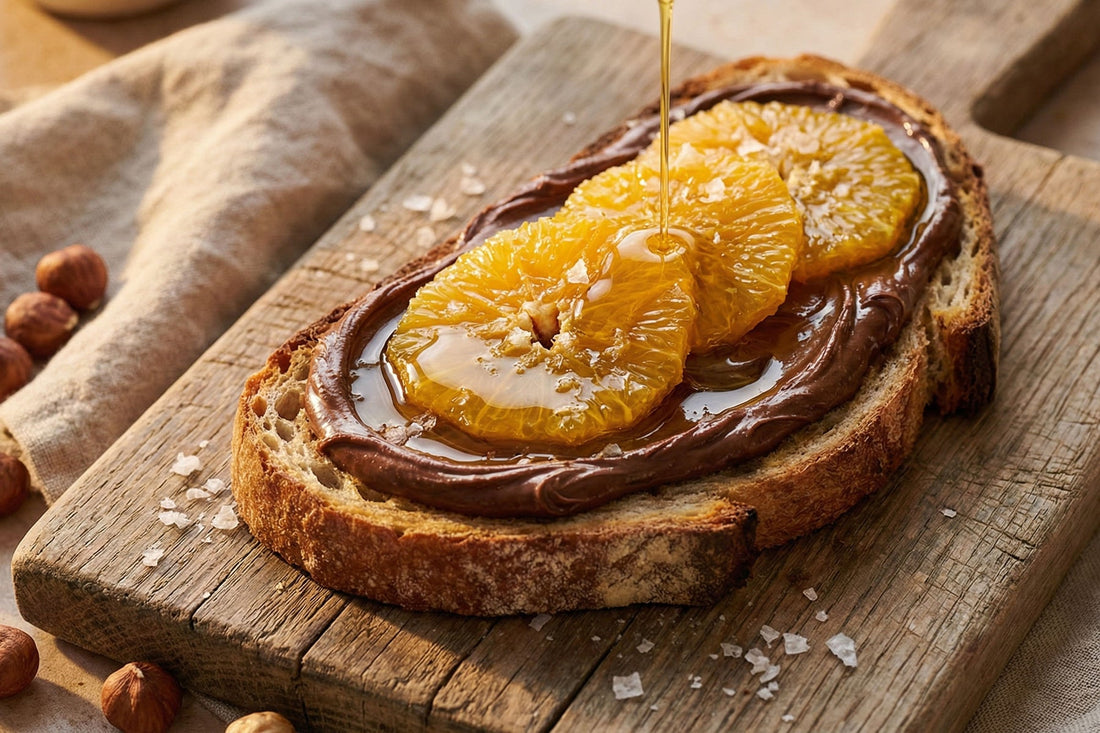 Tostada de pan de masa madre con crema de avellana, rodajas de naranja y avellanas enteras
