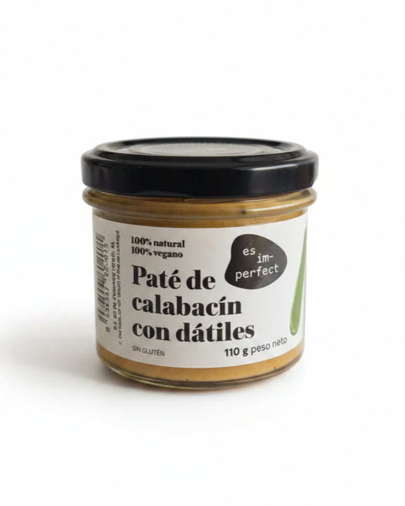 Paté artesano de calabacín y dátiles de la marca im-perfect en envase de 110 g, con calabacín y dátiles visibles.