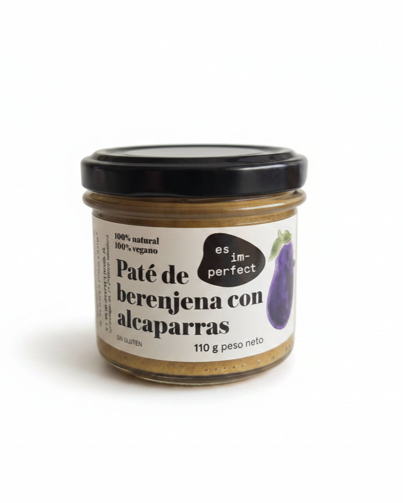 Paté artesanal de berenjena y alcaparras de la marca im-perfect, con textura cremosa y ingredientes naturales en la imagen.