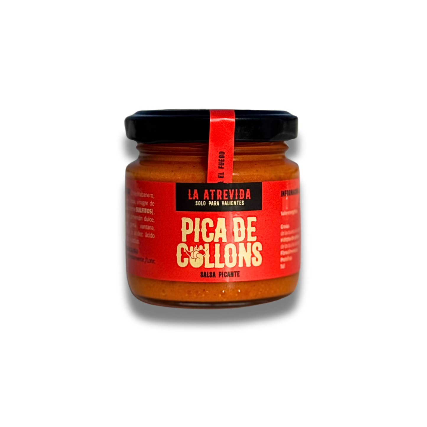 Salsa picante La Atrevida, Pica de Collons, botella sobre fondo blanco.