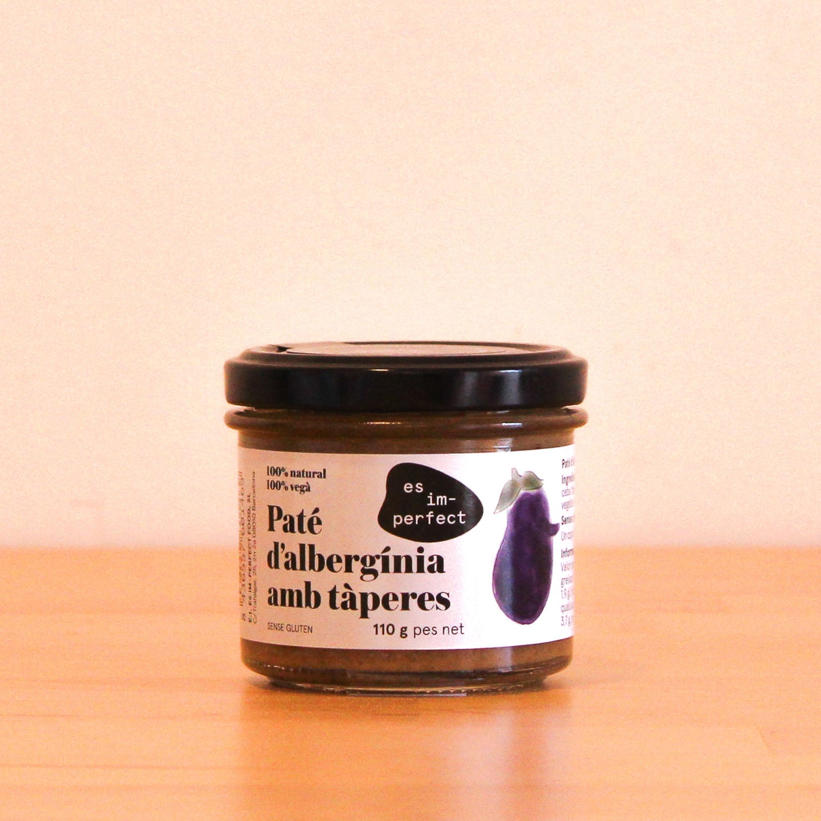 Paté artesano de berenjena y alcaparras, tarro de la marca es im-perfect.