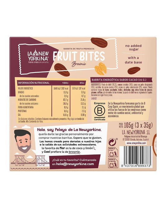 Ingredientes de Fruit Bites Brownie: pasta de dátil, nueces tostadas y cacao, sin azúcar añadido