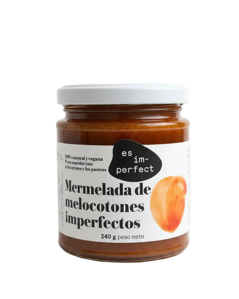 Mermelada de melocotón im-perfect con 22.7% de azúcar en frasco con etiqueta y fruta de melocotón en la imagen